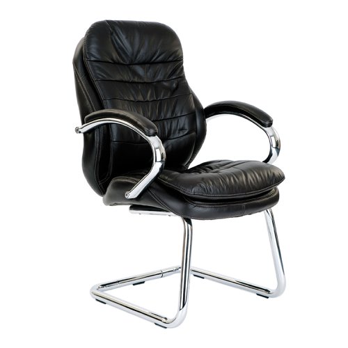 Santiago High Back Italian Leather Faced Executive Visitor Armchair with Integral Headrest and Chrome Base - Black
