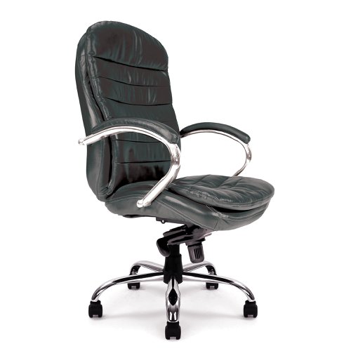 Santiago High Back Italian Leather Faced Synchronous Executive Armchair with Integral Headrest and Chrome Base - Black