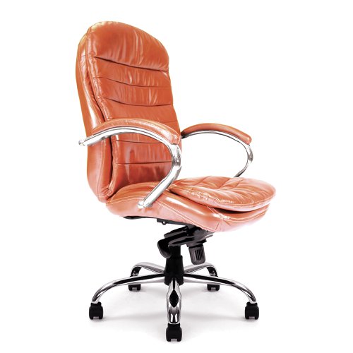 Santiago High Back Italian Leather Faced Synchronous Executive Armchair with Integral Headrest and Chrome Base - Tan