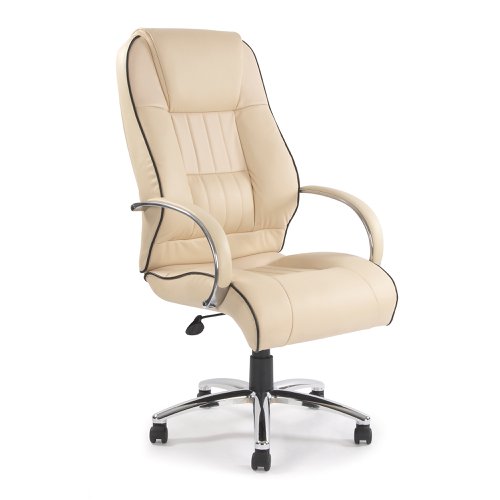 Dijon High Back Leather Faced Executive Armchair with Contrasting Piping and Chrome Base - Cream