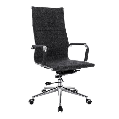 40935NA | This high back contemporary classic designer executive chair is upholstered in plush fleck fabric and is suitable for both a workplace or home office environment. Offering detailed stitching design, a strong single piece chrome frame with rolled top and seat base with complementing integral chrome arms with fleck fabric sleeves, it has a heavy duty gas lift 154 kilos (25 stone) for easy seat height adjustment, and a mechanism which allows the user to fully recline in the chair and is adjustable for individual - bodyweight (tension control) which can be locked in the upright position. It is finished with a polished chrome spider base with twin wheel hooded castors.