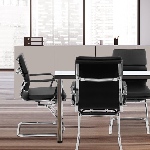 This medium back designer visitor chair is upholstered in plush bonded leather and is suitable for both a workplace or home office environment. Offering detailed stitching with a bold twin panel back cushion design, it features a strong single piece chrome cantilever frame and is finished with complementing integral chrome arms with bonded leather sleeves.