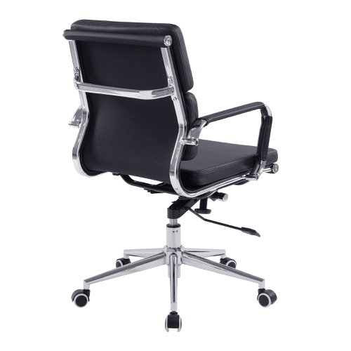 This medium back designer executive chair is upholstered in plush bonded leather and is suitable for both a workplace or home office environment. Offering detailed stitching with a bold twin panel back cushion design, a strong single piece chrome frame with complementing integral chrome arms with bonded leather sleeves, it has a gaslift for easy seat height adjustment, and a mechanism which allows the user to fully recline in the chair and is adjustable for individual - bodyweight (tension control) which can be locked in the upright position. It is finished with a polished chrome spider base with twin wheel hooded castors.