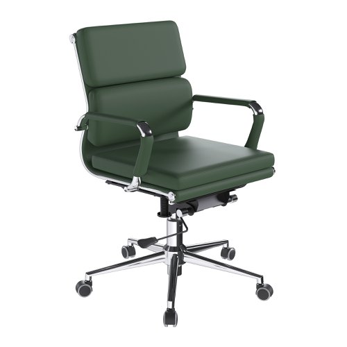 Avanti Bonded Leather Medium Back Swivel Armchair with Individual Back Cushions and Chrome Arms & Base - Forest Green
