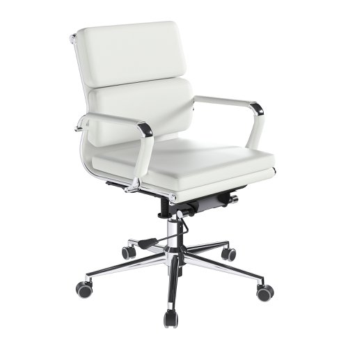 This medium back designer executive chair is upholstered in plush bonded leather and is suitable for both a workplace or home office environment. Offering detailed stitching with a bold twin panel back cushion design, a strong single piece chrome frame with complementing integral chrome arms with bonded leather sleeves, it has a gaslift for easy seat height adjustment, and a mechanism which allows the user to fully recline in the chair and is adjustable for individual - bodyweight (tension control) which can be locked in the upright position. It is finished with a polished chrome spider base with twin wheel hooded castors.