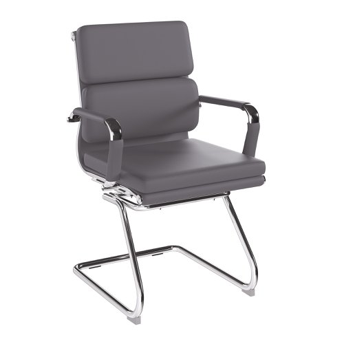 Avanti Bonded Leather Medium Back Visitor Armchair with Individual Back Cushions and Chrome Arms & Base - Grey