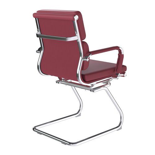 This medium back designer visitor chair is upholstered in plush bonded leather and is suitable for both a workplace or home office environment. Offering detailed stitching with a bold twin panel back cushion design, it features a strong single piece chrome cantilever frame and is finished with complementing integral chrome arms with bonded leather sleeves.