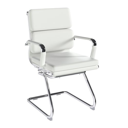 Avanti Bonded Leather Medium Back Visitor Armchair with Individual Back Cushions and Chrome Arms & Base - White