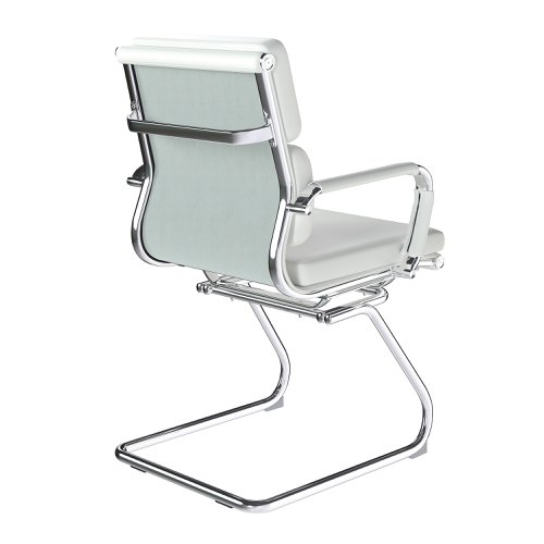 41677NA | This medium back designer visitor chair is upholstered in plush bonded leather and is suitable for both a workplace or home office environment. Offering detailed stitching with a bold twin panel back cushion design, it features a strong single piece chrome cantilever frame and is finished with complementing integral chrome arms with bonded leather sleeves.