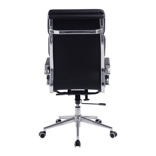 41047NA | This high back designer executive chair is upholstered in plush bonded leather and is suitable for both a workplace or home office environment. Offering detailed stitching with a bold triple panel back cushion design, a strong single piece chrome frame with complementing integral chrome arms with bonded leather sleeves, it has a gaslift for easy seat height adjustment, and a mechanism which allows the user to fully recline in the chair and is adjustable for individual - bodyweight (tension control) which can be locked in the upright position. It is finished with a polished chrome spider base with twin wheel hooded castors.