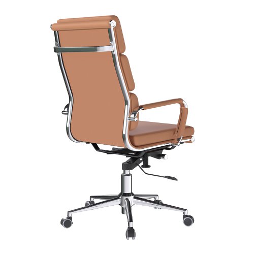 41068NA | This high back designer executive chair is upholstered in plush bonded leather and is suitable for both a workplace or home office environment. Offering detailed stitching with a bold triple panel back cushion design, a strong single piece chrome frame with complementing integral chrome arms with bonded leather sleeves, it has a gaslift for easy seat height adjustment, and a mechanism which allows the user to fully recline in the chair and is adjustable for individual - bodyweight (tension control) which can be locked in the upright position. It is finished with a polished chrome spider base with twin wheel hooded castors.