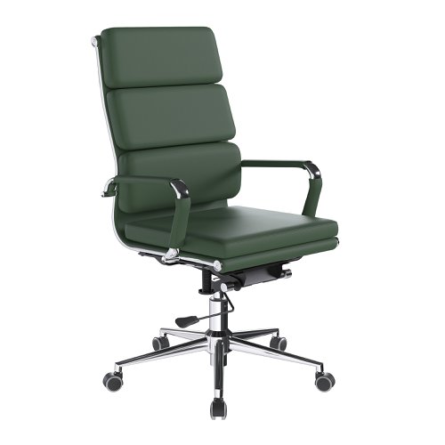 Avanti Bonded Leather High Back Swivel Armchair with Individual Back Cushions and Chrome Arms & Base - Forest Green