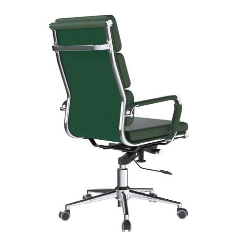 This high back designer executive chair is upholstered in plush bonded leather and is suitable for both a workplace or home office environment. Offering detailed stitching with a bold triple panel back cushion design, a strong single piece chrome frame with complementing integral chrome arms with bonded leather sleeves, it has a gaslift for easy seat height adjustment, and a mechanism which allows the user to fully recline in the chair and is adjustable for individual - bodyweight (tension control) which can be locked in the upright position. It is finished with a polished chrome spider base with twin wheel hooded castors.