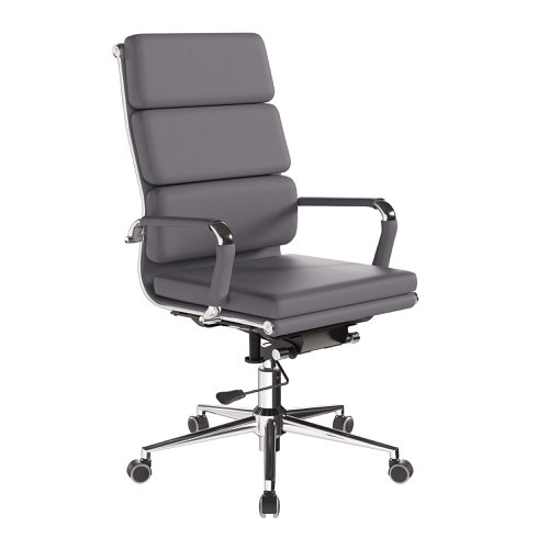 41061NA | This high back designer executive chair is upholstered in plush bonded leather and is suitable for both a workplace or home office environment. Offering detailed stitching with a bold triple panel back cushion design, a strong single piece chrome frame with complementing integral chrome arms with bonded leather sleeves, it has a gaslift for easy seat height adjustment, and a mechanism which allows the user to fully recline in the chair and is adjustable for individual - bodyweight (tension control) which can be locked in the upright position. It is finished with a polished chrome spider base with twin wheel hooded castors.