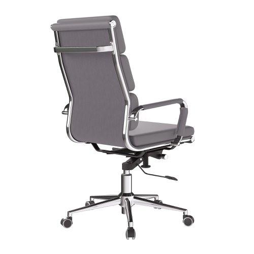 41061NA | This high back designer executive chair is upholstered in plush bonded leather and is suitable for both a workplace or home office environment. Offering detailed stitching with a bold triple panel back cushion design, a strong single piece chrome frame with complementing integral chrome arms with bonded leather sleeves, it has a gaslift for easy seat height adjustment, and a mechanism which allows the user to fully recline in the chair and is adjustable for individual - bodyweight (tension control) which can be locked in the upright position. It is finished with a polished chrome spider base with twin wheel hooded castors.