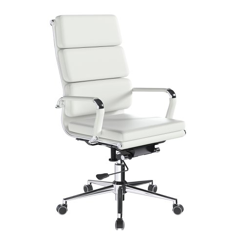 Avanti Bonded Leather High Back Swivel Armchair with Individual Back Cushions and Chrome Arms & Base - White