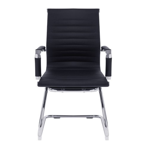 41530NA | This medium back contemporary classic designer cantilever armchair offers detailed stitching design, a strong single piece chrome frame with rolled top and seat base upholstered in plush bonded leather with complementing integral chrome arms and matching bonded leather sleeves, and is suitable for both a workplace or home office environment.