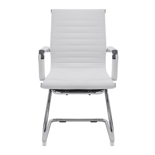 This medium back contemporary classic designer cantilever armchair offers detailed stitching design, a strong single piece chrome frame with rolled top and seat base upholstered in plush bonded leather with complementing integral chrome arms and matching bonded leather sleeves, and is suitable for both a workplace or home office environment.