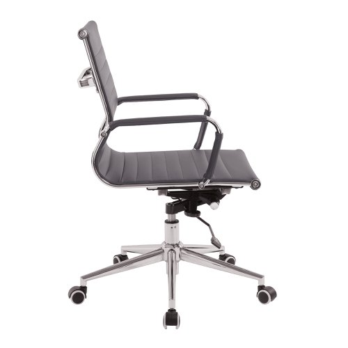 40837NA | This medium back contemporary classic designer executive chair is upholstered in plush bonded leather and is suitable for both a workplace or home office environment. Offering detailed stitching design, a strong single piece chrome frame with rolled top and seat base with complementing integral chrome arms with bonded leather sleeves, it has a heavy duty gas lift 154 kilos (25 stone) for easy seat height adjustment, and a mechanism which allows the user to fully recline in the chair and is adjustable for individual - bodyweight (tension control) which can be locked in the upright position. It is finished with a polished chrome spider base with twin wheel hooded castors.