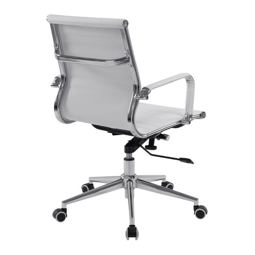 40830NA | This medium back contemporary classic designer executive chair is upholstered in plush bonded leather and is suitable for both a workplace or home office environment. Offering detailed stitching design, a strong single piece chrome frame with rolled top and seat base with complementing integral chrome arms with bonded leather sleeves, it has a heavy duty gas lift 154 kilos (25 stone) for easy seat height adjustment, and a mechanism which allows the user to fully recline in the chair and is adjustable for individual - bodyweight (tension control) which can be locked in the upright position. It is finished with a polished chrome spider base with twin wheel hooded castors.