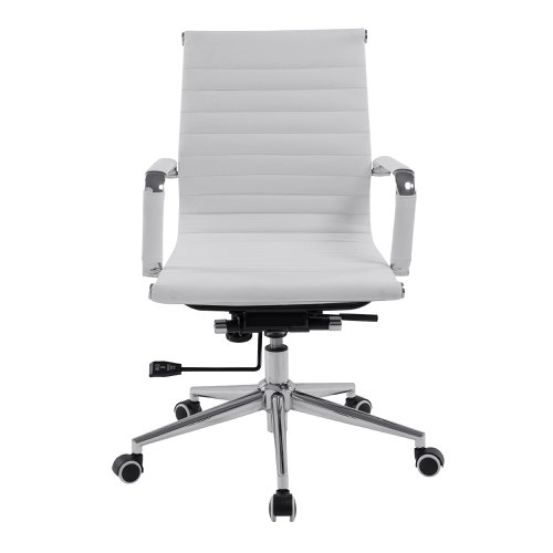 40830NA | This medium back contemporary classic designer executive chair is upholstered in plush bonded leather and is suitable for both a workplace or home office environment. Offering detailed stitching design, a strong single piece chrome frame with rolled top and seat base with complementing integral chrome arms with bonded leather sleeves, it has a heavy duty gas lift 154 kilos (25 stone) for easy seat height adjustment, and a mechanism which allows the user to fully recline in the chair and is adjustable for individual - bodyweight (tension control) which can be locked in the upright position. It is finished with a polished chrome spider base with twin wheel hooded castors.
