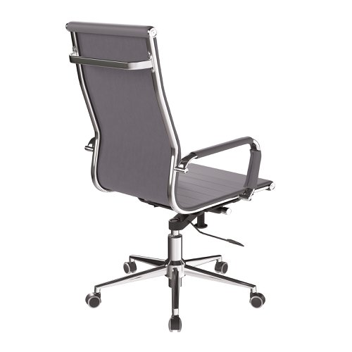 40942NA | This high back contemporary classic designer executive chair is upholstered in plush bonded leather and is suitable for both a workplace or home office environment. Offering detailed stitching design, a strong single piece chrome frame with rolled top and seat base with complementing integral chrome arms with bonded leather sleeves, it has a heavy duty gas lift 154 kilos (25 stone) for easy seat height adjustment, and a mechanism which allows the user to fully recline in the chair and is adjustable for individual - bodyweight (tension control) which can be locked in the upright position. It is finished with a polished chrome spider base with twin wheel hooded castors.