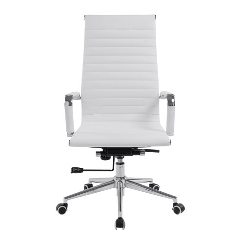 40928NA | This high back contemporary classic designer executive chair is upholstered in plush bonded leather and is suitable for both a workplace or home office environment. Offering detailed stitching design, a strong single piece chrome frame with rolled top and seat base with complementing integral chrome arms with bonded leather sleeves, it has a heavy duty gas lift 154 kilos (25 stone) for easy seat height adjustment, and a mechanism which allows the user to fully recline in the chair and is adjustable for individual - bodyweight (tension control) which can be locked in the upright position. It is finished with a polished chrome spider base with twin wheel hooded castors.