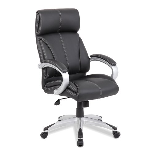Cloud High Back Leather Faced Manager Chair with Satin Silver Finish to Armrests and Base - Black