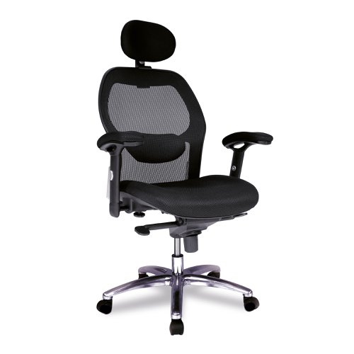 47340NA | Our high back mesh task operator armchair with adjustable headrest & chrome base offers a generously proportioned posture curved upholstered seat with waterfall front and contoured black nylon detailed mesh backrest with adjustable lumbar support, a synchronous mechanism for simultaneous adjustment of seat and backrest adjustable to suit the user's bodyweight (tension control) and stylish adjustable T-section padded arms.