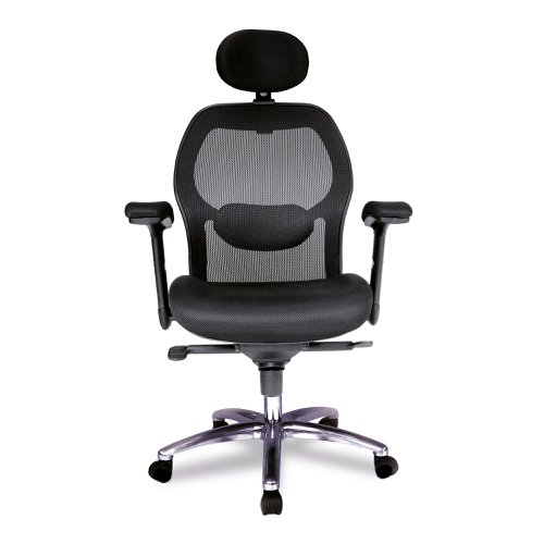 47340NA | Our high back mesh task operator armchair with adjustable headrest & chrome base offers a generously proportioned posture curved upholstered seat with waterfall front and contoured black nylon detailed mesh backrest with adjustable lumbar support, a synchronous mechanism for simultaneous adjustment of seat and backrest adjustable to suit the user's bodyweight (tension control) and stylish adjustable T-section padded arms.