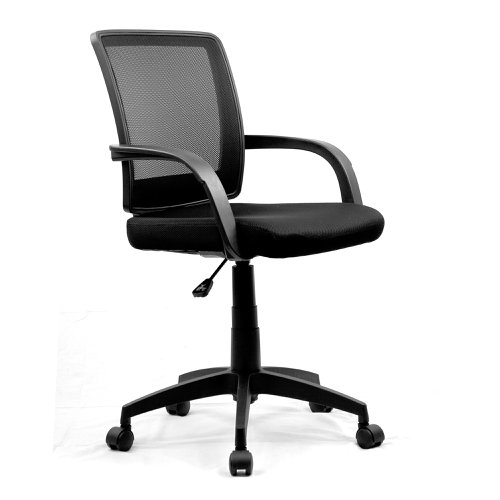 Beta Medium Back Mesh Chair with Contoured Back and Upholstered Black Fabric Seat with Waterfall Front - Black