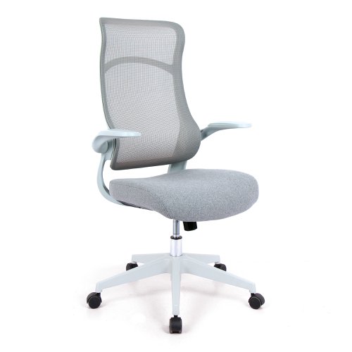 Romsey High Back Designer Mesh Back Chair with Fabric Seat, White Frame, White Base and Folding Arms - Grey