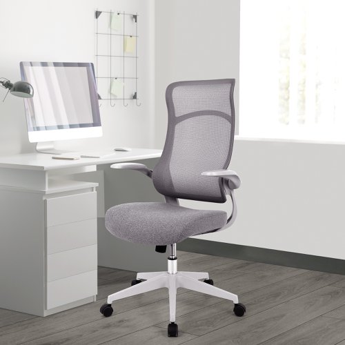 Nautilus Designs Romsey Designer High Back Mesh Executive Task Office Chair Grey With Fabric Seat Folding Arms White Frame & Base - BCM/H476/GY