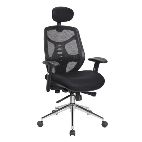 Polaris High Back Mesh Synchronous Executive Armchair with Adjustable Headrest and Chrome Base - Black