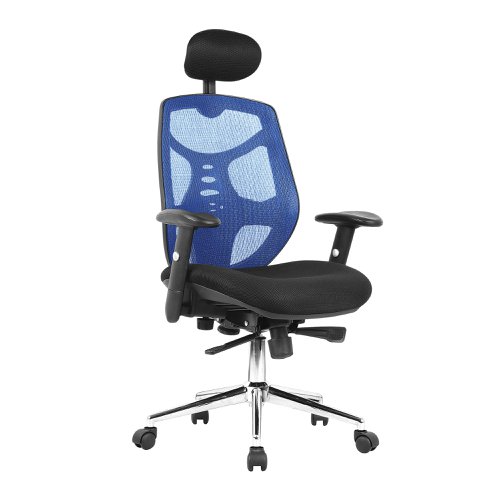 Polaris High Back Mesh Synchronous Executive Armchair with Adjustable Headrest and Chrome Base - Blue/Black
