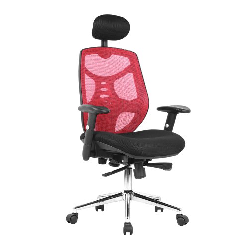 Polaris High Back Mesh Synchronous Executive Armchair with Adjustable Headrest and Chrome Base - Red/Black