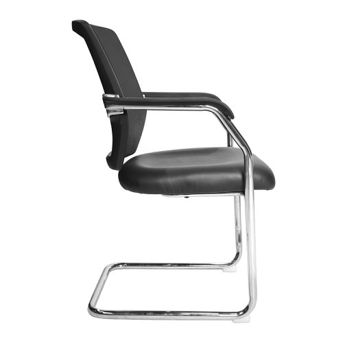 This deluxe medium mesh back visitor chair offers both stunning designer aesthetics and features which give that extra comforting support. A sculptured lumbar and spine supporting mesh back with outer black shell is matched by a deep cushioned seat with a slight waterfall front and a beautifully polished designer chrome cantilever base finishes the piece.