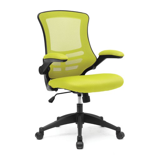 Nautilus Designs Luna Designer High Back Mesh Green Task Operator Office Chair With Folding Arms and Black Shell - BCM/L1302/GN 47291NA Buy online at Office 5Star or contact us Tel 01594 810081 for assistance