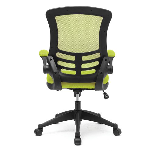 Nautilus Designs Luna Designer High Back Mesh Green Task Operator Office Chair With Folding Arms and Black Shell - BCM/L1302/GN 47291NA Buy online at Office 5Star or contact us Tel 01594 810081 for assistance