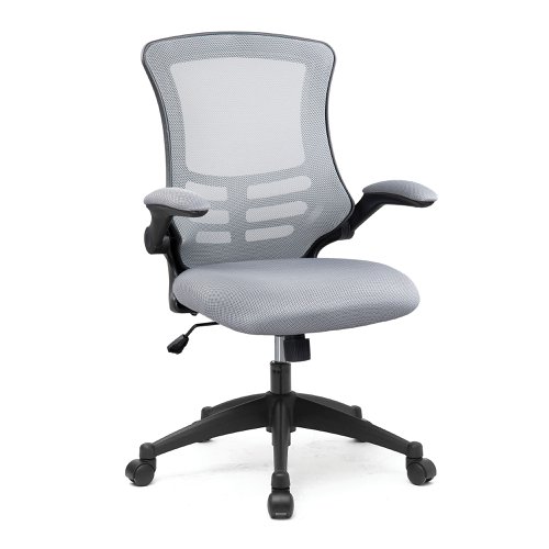 Luna Designer High Back Mesh Chair with White Shell and Folding Arms - Grey