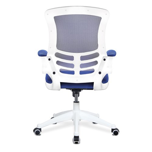 Nautilus Designs Luna Designer High Back Mesh Blue Task Operator Office Chair With Folding Arms and White Shell - BCM/L1302/WH-BL 47431NA Buy online at Office 5Star or contact us Tel 01594 810081 for assistance