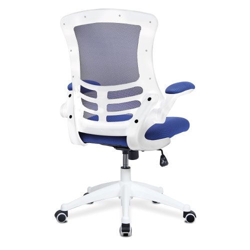 Nautilus Designs Luna Designer High Back Mesh Blue Task Operator Office Chair With Folding Arms and White Shell - BCM/L1302/WH-BL 47431NA Buy online at Office 5Star or contact us Tel 01594 810081 for assistance