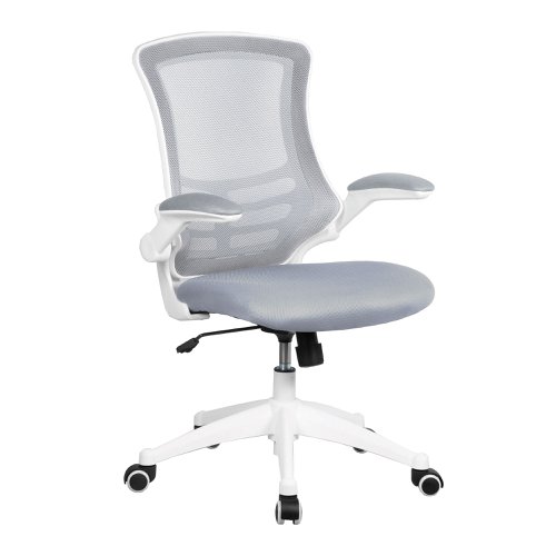 Luna Designer Medium Back Mesh Chair with White Shell and Folding Arms - Grey