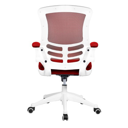 47438NA | One of our most popular high back mesh chairs features a fully reclining tilt mechanism lockable in the upright position - adjustable to suit the individual's bodyweight (tension control), folding arms, an AIRFLOW mesh seat, posture contoured mesh back and a stylish white shell with sturdy matching 5 star base. It will provide you with comfort and style for any desired purpose.