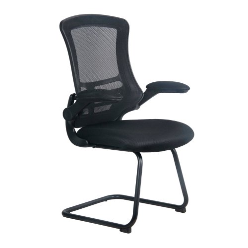 Designer Medium Back Mesh Cantilever Chair with Black Shell, Black Frame and Folding Arms
