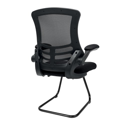 47445NA | Complementing its task chair counterpart but by no means inferior, this contemporary designer visitor chair boasts folding arms, an AIRFLOW mesh seat, posture contoured mesh back with stylish black shell and a sturdy 35mm tubular black frame.