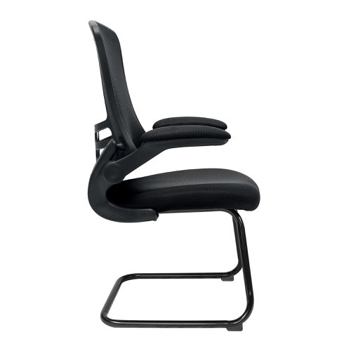 47445NA | Complementing its task chair counterpart but by no means inferior, this contemporary designer visitor chair boasts folding arms, an AIRFLOW mesh seat, posture contoured mesh back with stylish black shell and a sturdy 35mm tubular black frame.