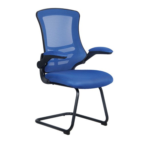 Luna Designer Medium Back Mesh Cantilever Chair with Black Shell, Black Frame and Folding Arms - Blue