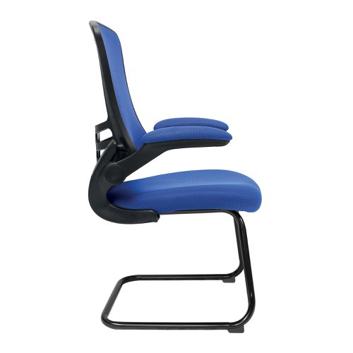 47452NA | Complementing its task chair counterpart but by no means inferior, this contemporary designer visitor chair boasts folding arms, an AIRFLOW mesh seat, posture contoured mesh back with stylish black shell and a sturdy 35mm tubular black frame.
