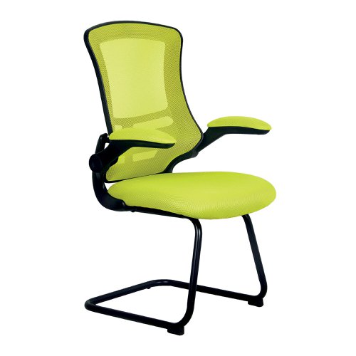 Nautilus Designs Luna Designer High Back Mesh Green Cantilever Visitor Chair With Folding Arms and Black Shell/Frame - BCM/L1302V/GN 47473NA Buy online at Office 5Star or contact us Tel 01594 810081 for assistance